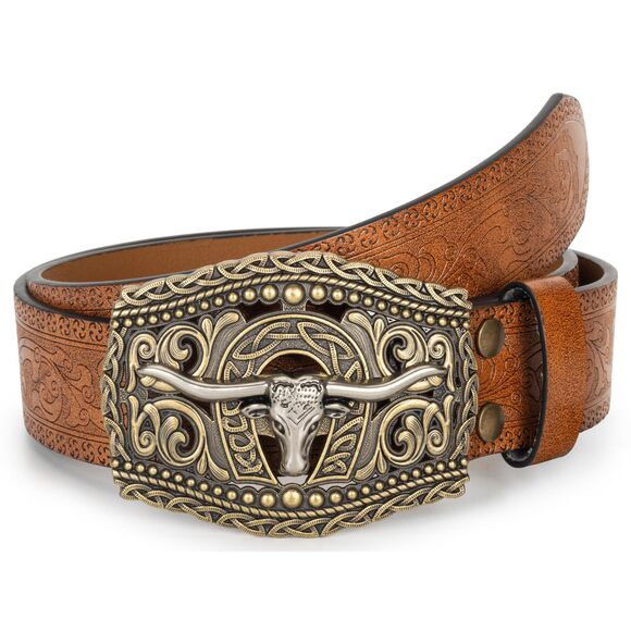 Western-cowboy-cowgirl-belt - Longhorn-bull-pattern-engraved-belt Pu Leather😄 - Picture 3 of 7